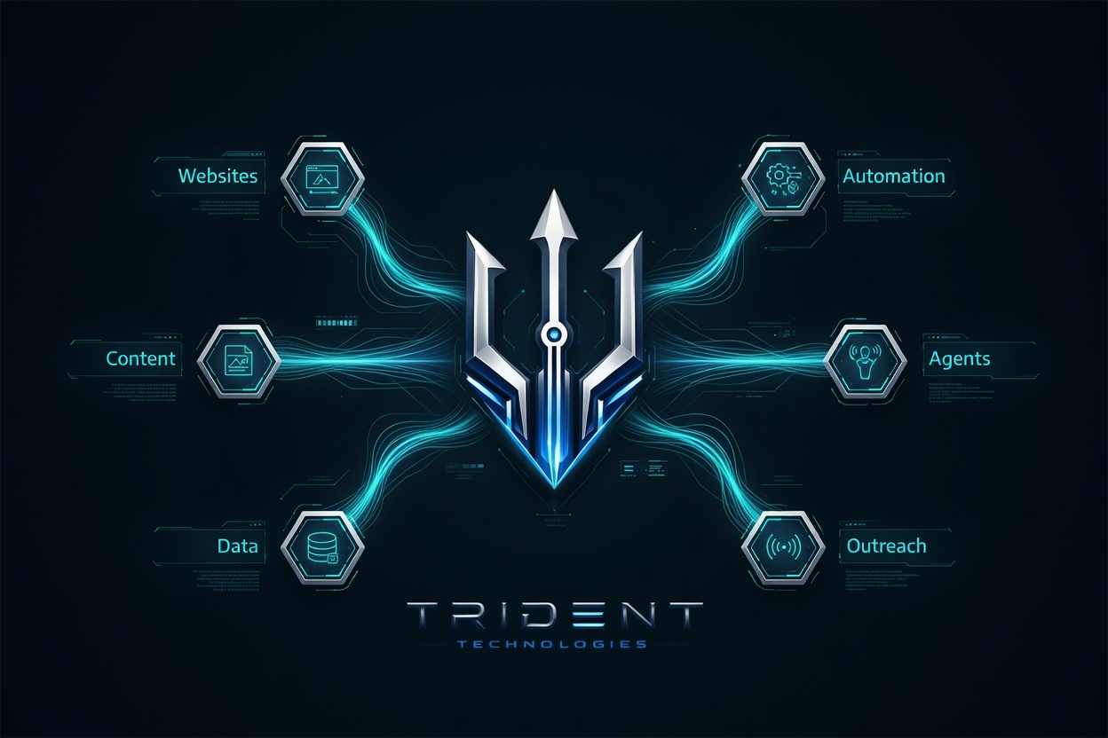 Trident Technologies systems architecture diagram showing websites, automation, agents, data, content, and outreach